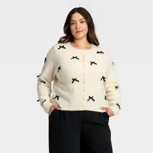 a new day Cream Cardigan with Black Bow Motifs